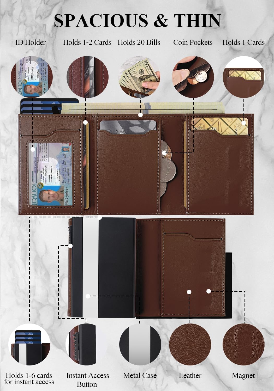 Aibirui Billetera desplegable para hombre, de cuero y aluminio, con...