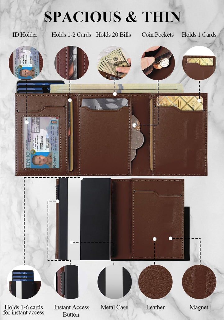 Aibirui Billetera desplegable para hombre, de cuero y aluminio, con...
