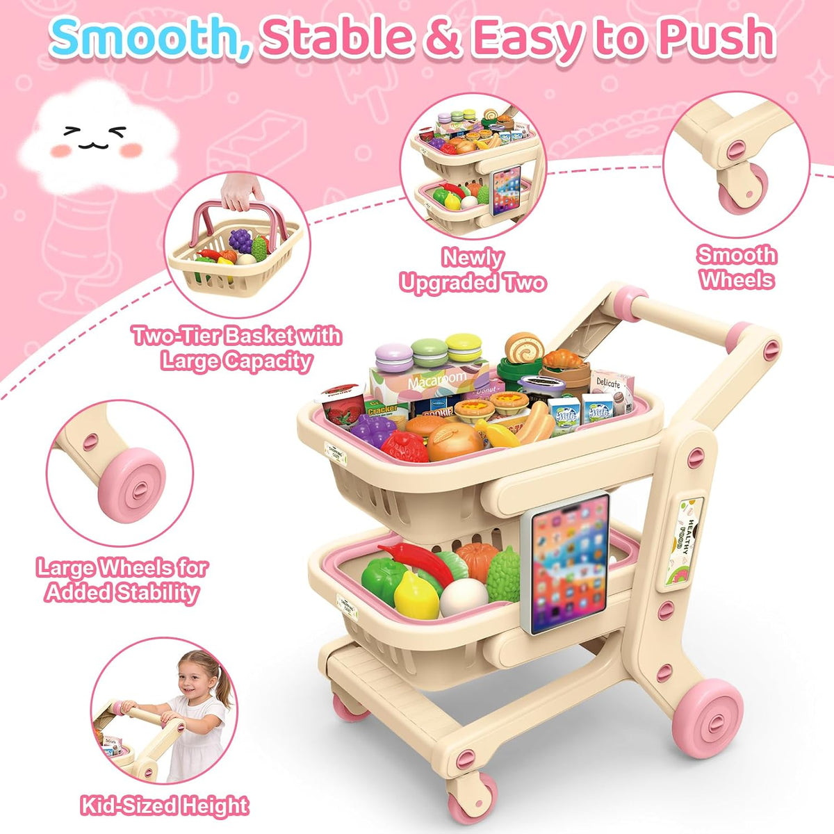 deAO Carro de compras para niños Carro de compras juguete de juego con 2