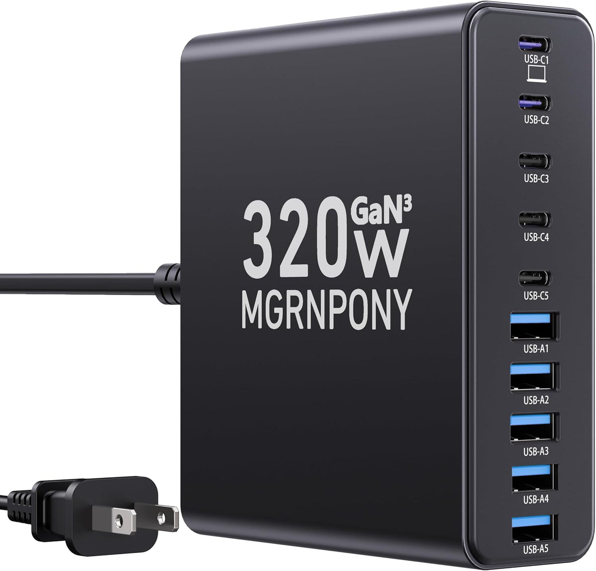 Bloque Cargador USB-C de 320W, Estación de Carga MGRNPONY de 10 puertos GaN negra