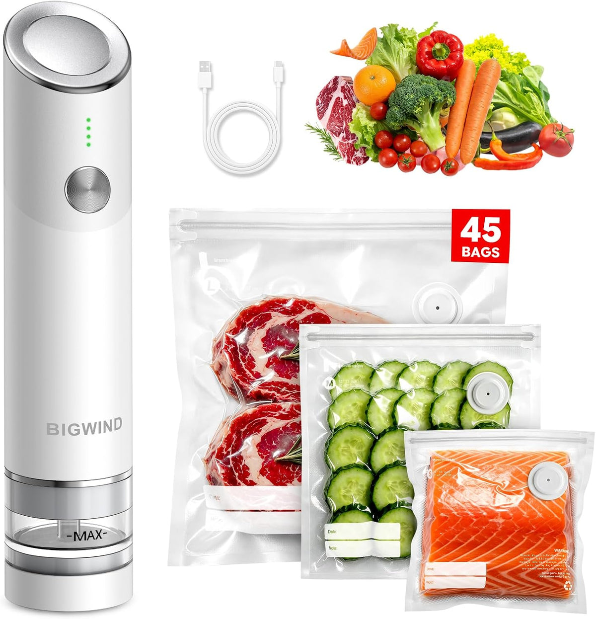 Sellador al vacío de mano compacto para alimentos con 45 bolsas de vacío