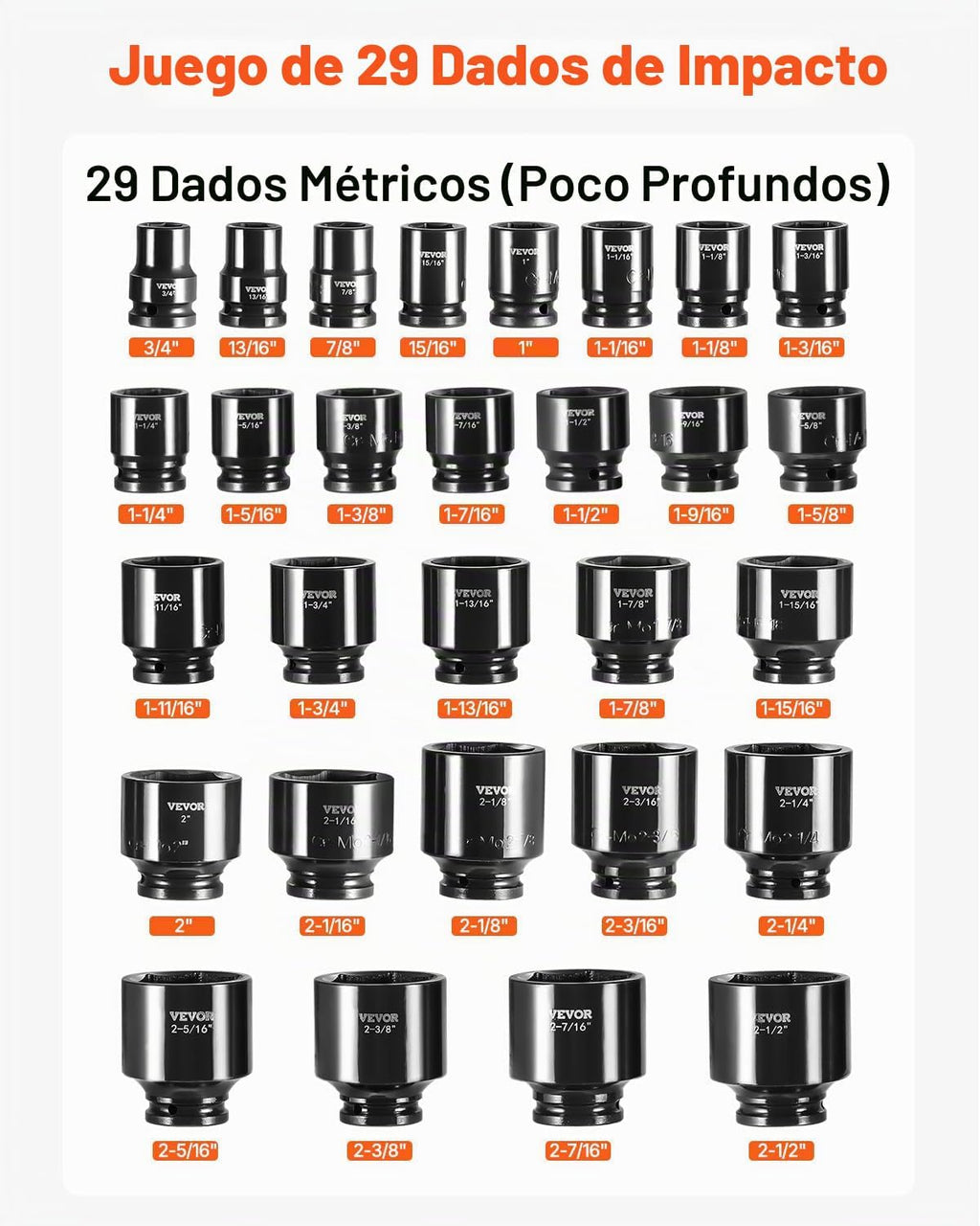 VEVOR Juego de llaves de impacto de 3/4 pulgadas, 29 piezas, SAE 3/4-2-1/2