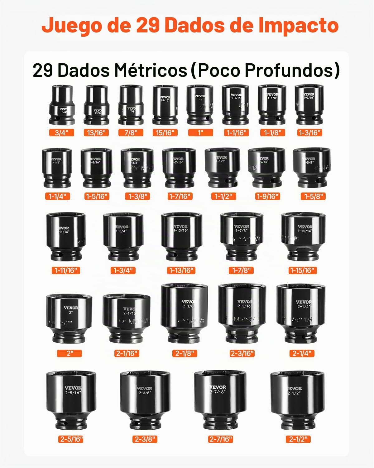 VEVOR Juego de llaves de impacto de 3/4 pulgadas, 29 piezas, SAE 3/4-2-1/2