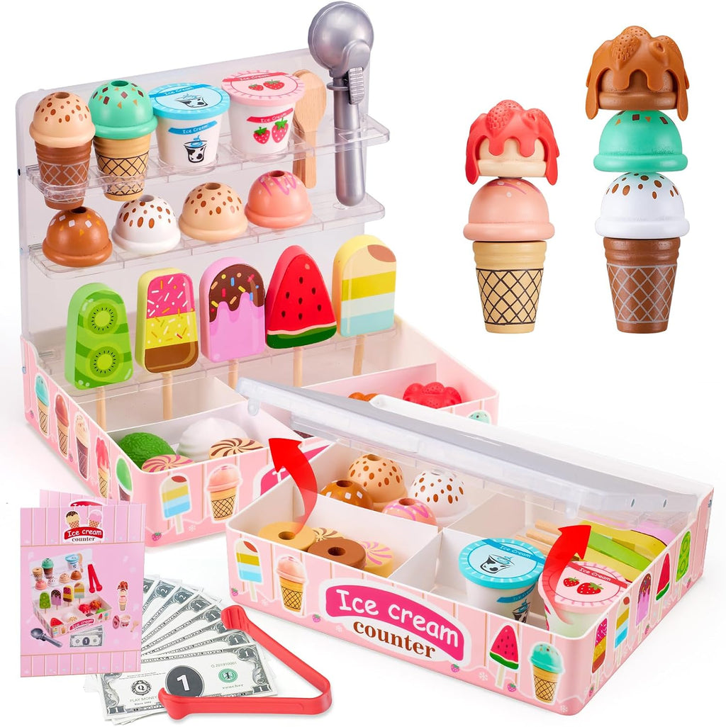 Ehome - Juguete plegable de helado para niños, juego de comida con pantalla de almacenamiento, juego de helados para niños pequeños, regalos de cumpleaños para niñas de 3 a 6 años (rosa)