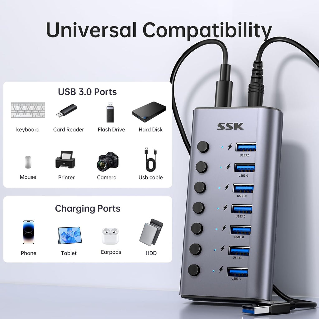 SSK, SHU0701, hub USB 3.0 de 7 puertos, alimentado, adaptador 12V/3A