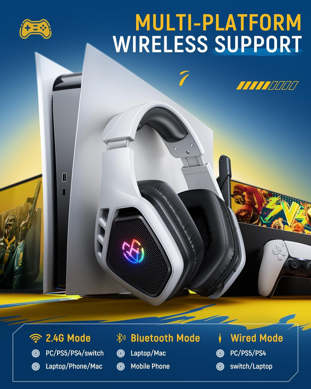 Tatybo Auriculares inalámbricos para juegos con micrófono, sonido 7.1