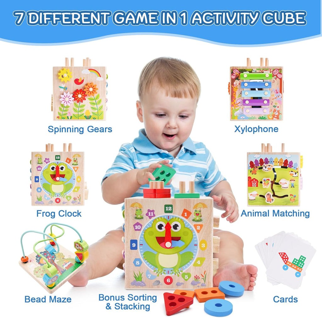 Cubo de Actividades de Madera | Juguetes Montessori para Niños Pequeños de 1, 2, 3 Años | Regalo de Primer Cumpleaños para Un Año | Juguetes Educativos para Bebés Niños y Niñas de 12+ Meses | Juego