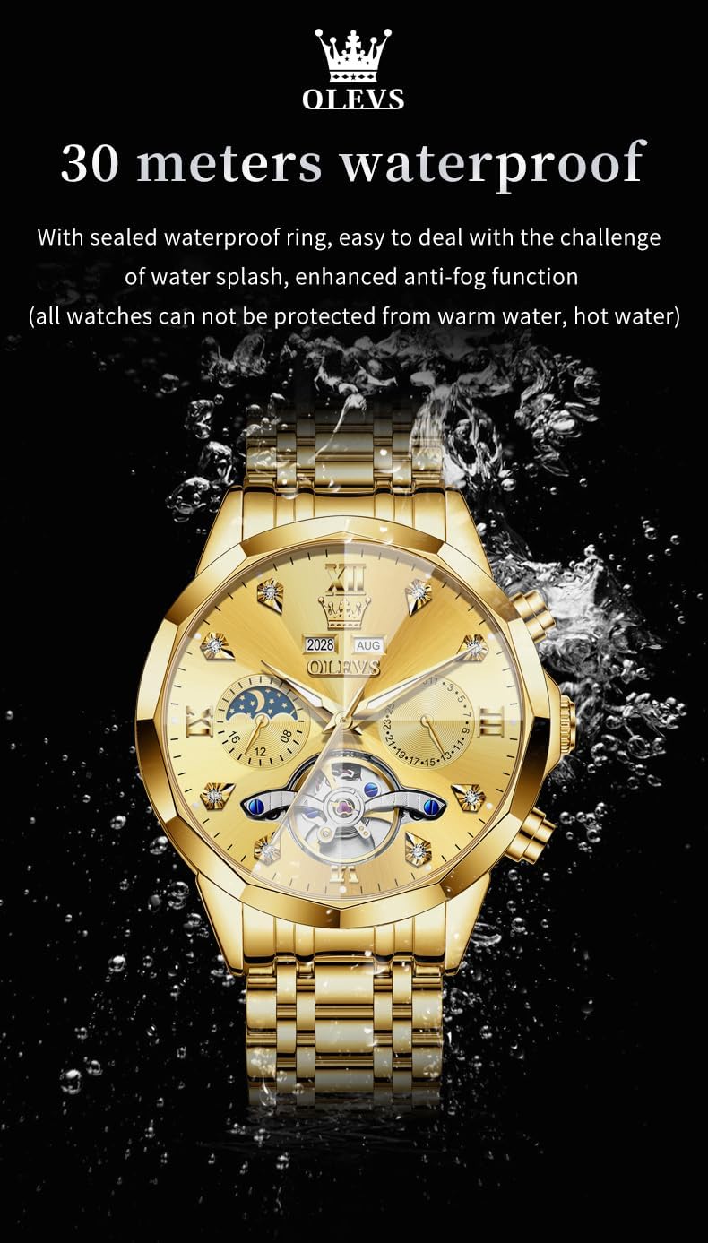 OLEVS Relojes de Hombre Esqueleto Automático Lujo de Negocios Diamante Autoentregado (Self Winding) Reloj de Pulsera de Acero Inoxidable con Calendario