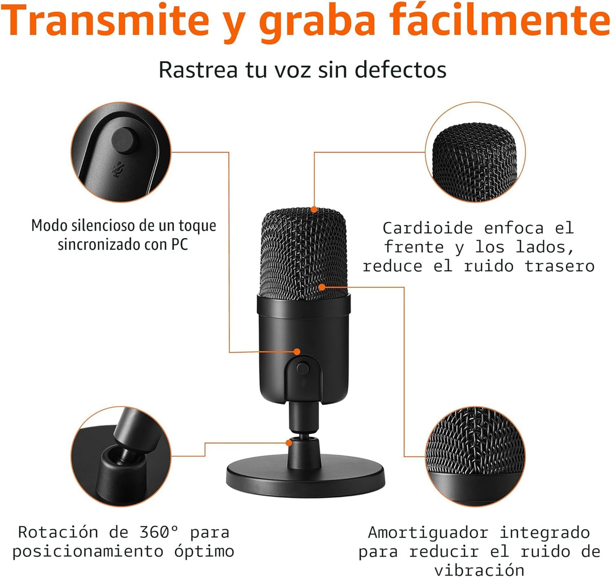 Amazon Basics Micrófono USB de condensador para transmisión, grabac...