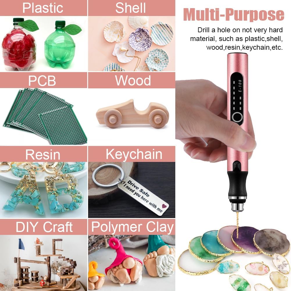 Mini taladro inalámbrico de 3 velocidades con 10 brocas pequeñas, tornillo de banco eléctrico recargable, juego de brocas de resina para fabricación de joyas, resina, plástico, madera, llaveros (PINK)