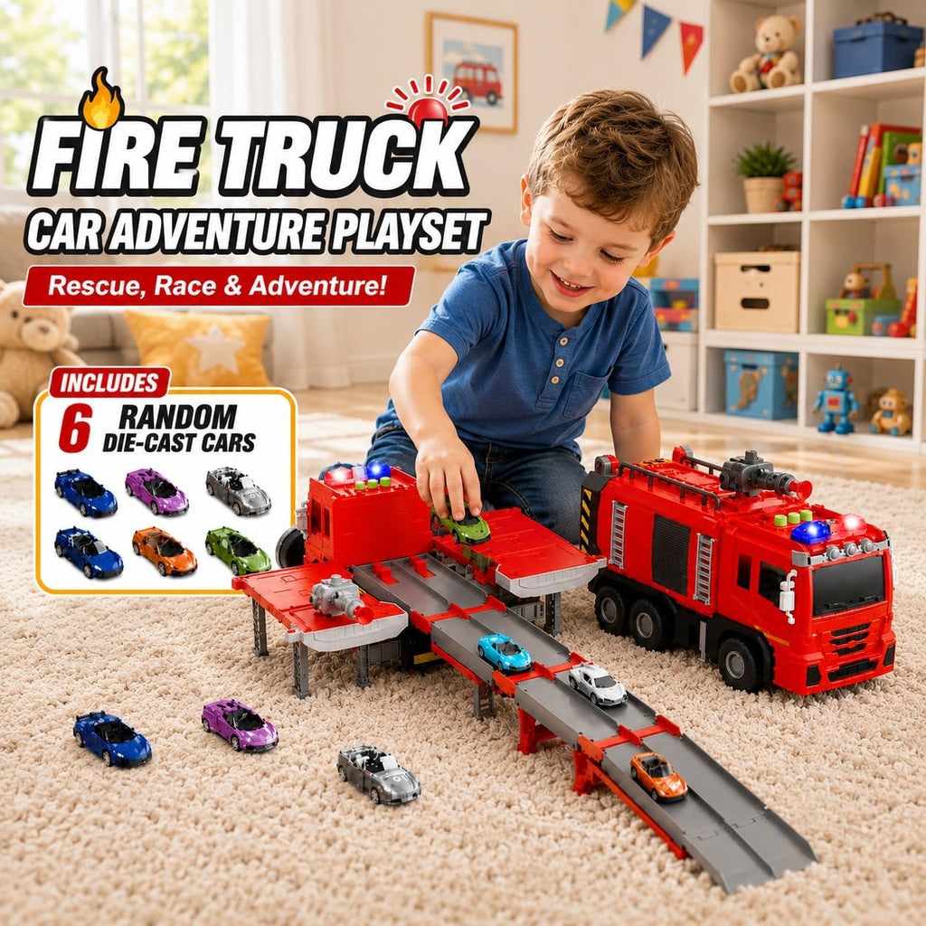 Camión de Bomberos de Juguete para Niños de 3-5 y 4-8 Años, Set de Pista de Carreras 2 en 1 con Lanzador