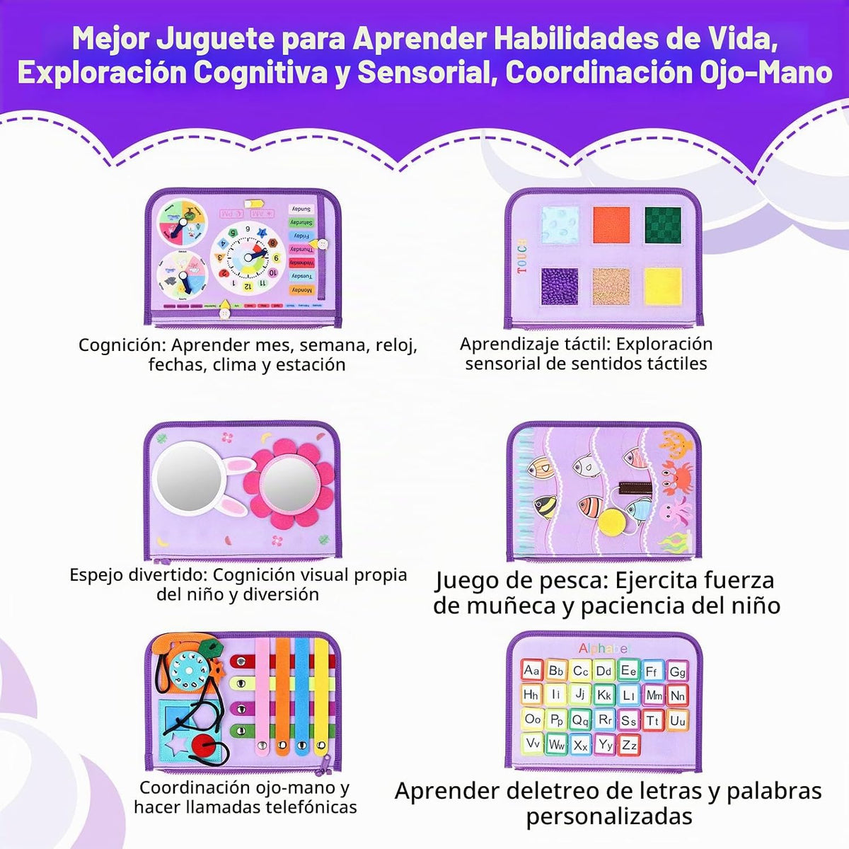 Juguetes Montessori de tablero ocupado, regalos de cumpleaños para niñas, juguete sensorial de viaje para autismo, libro de actividades educativas, aprendizaje preescolar, juguetes de habilidades motoras finas, morado
