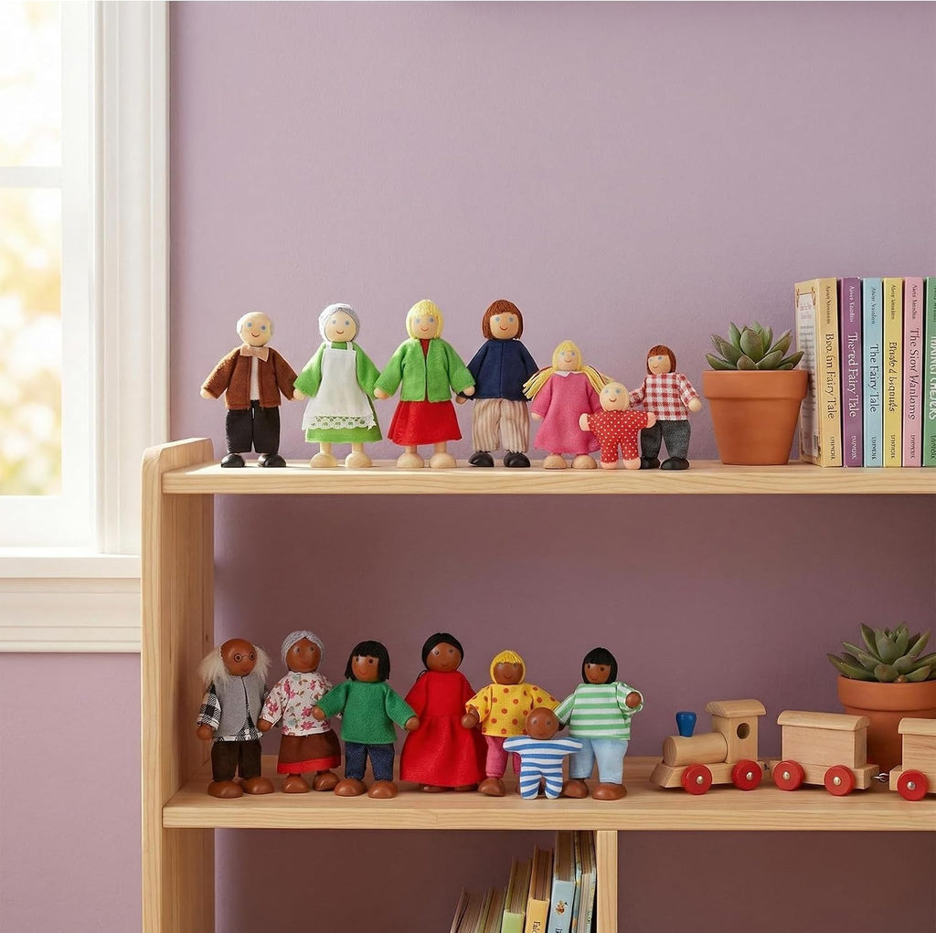 14 figuras de madera de personas de casa de muñecas, muñecas de madera posables para niñas y niños pequeños, juguete de simulación multicultural