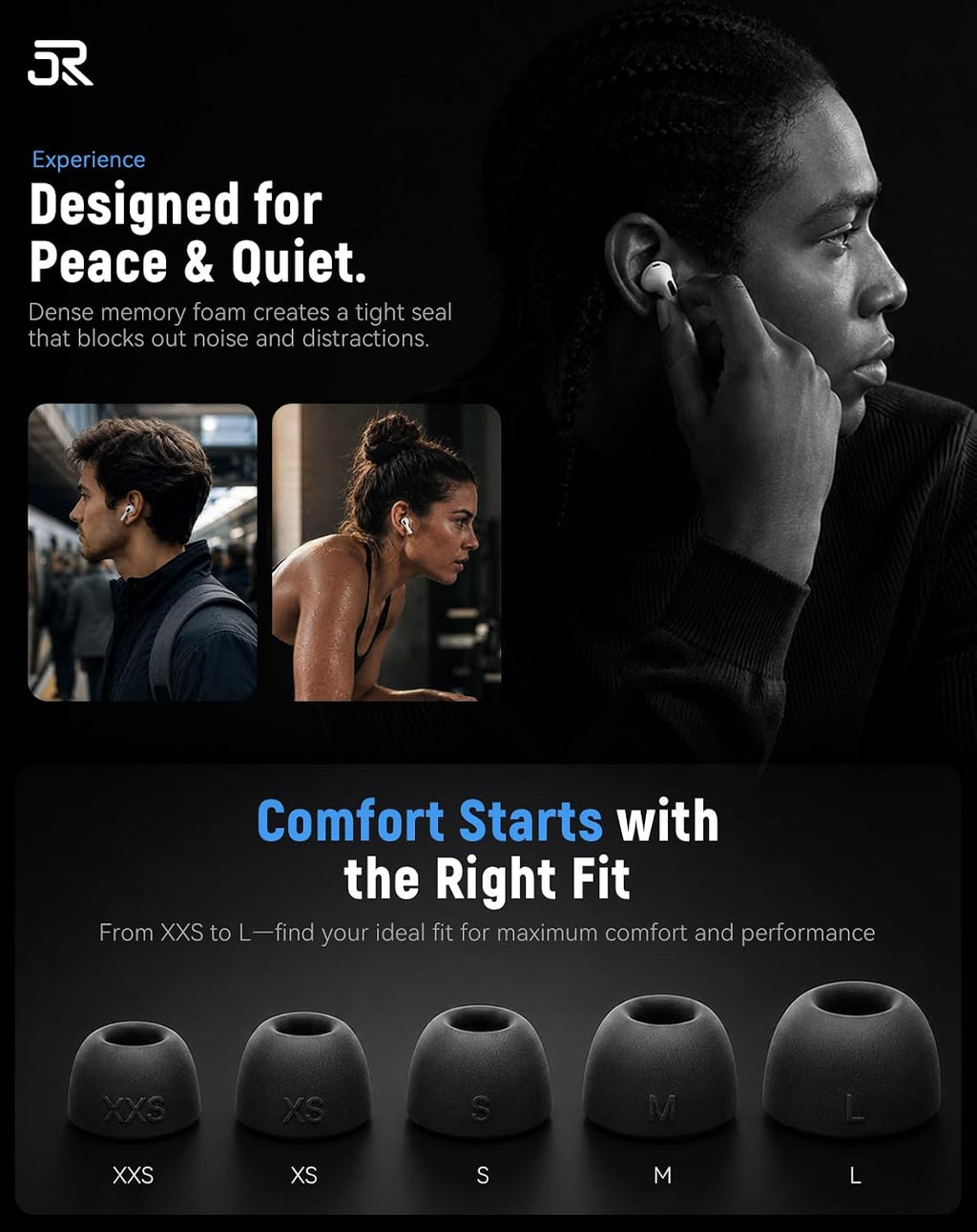 Puntas de espuma viscoelástica de reemplazo para AirPods Pro 3 (5 tamaños) - Negro