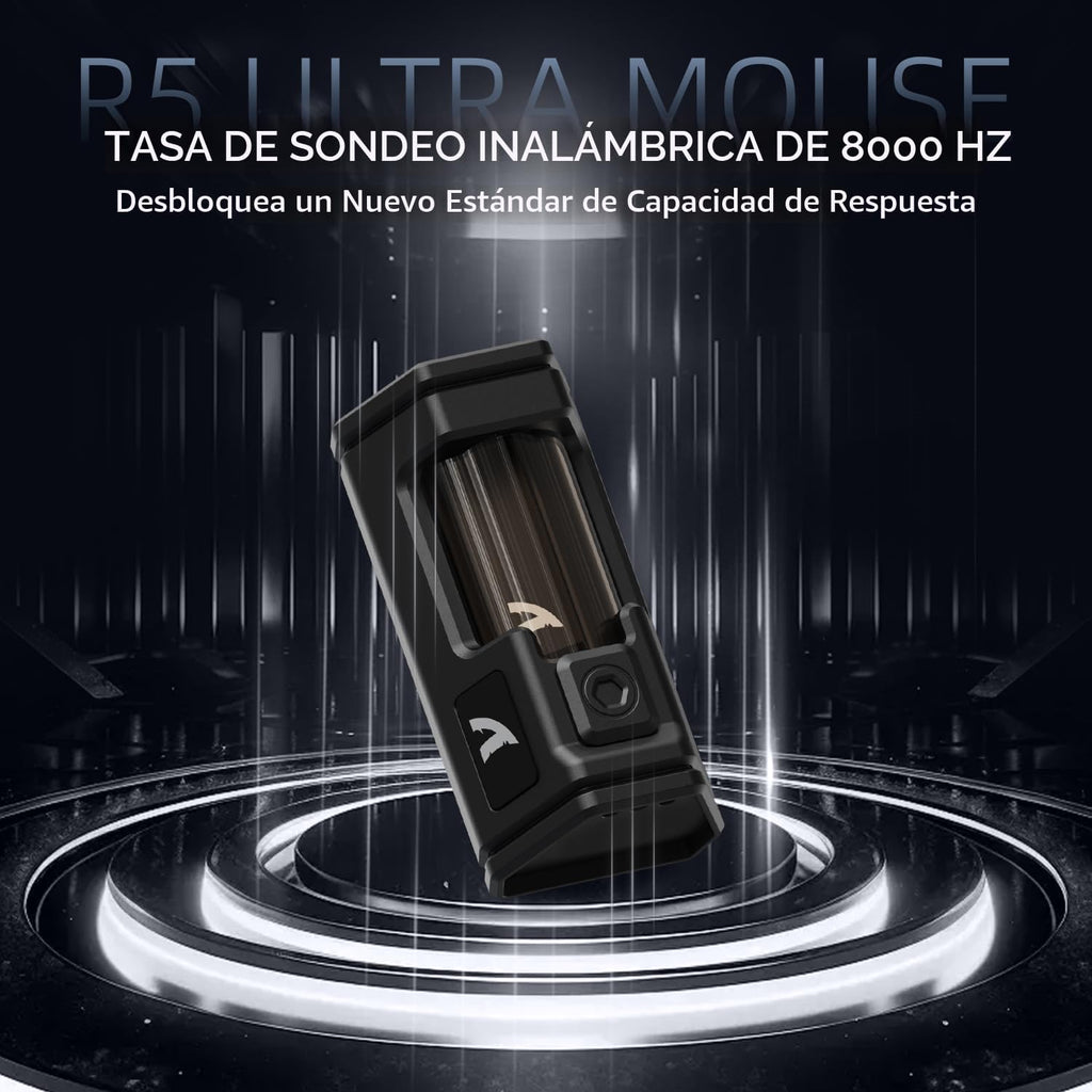 R5Ultra 8K Ratón Inalámbrico de Fibra de Carbono para Juegos con 42,000 DPI - Sensor PAW3950 MAX - Chip MCU Nordic 52840 - 39g Ultraligero - Ratones Programables con Cable/BT/2.4GHz Griptape para PC
