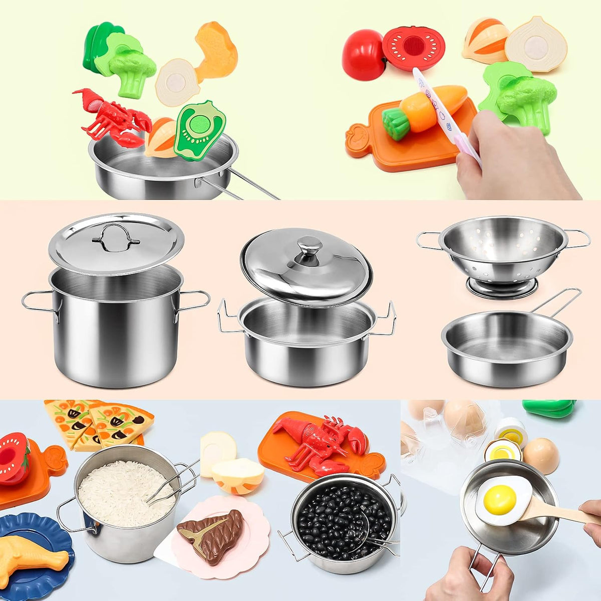 Hohosunlar - Juego de accesorios de cocina de simulación para niños, 38 piezas de juegos de ollas y sartenes de acero inoxidable para niños, utensilios de cocina de juguete, alimentos de simulación