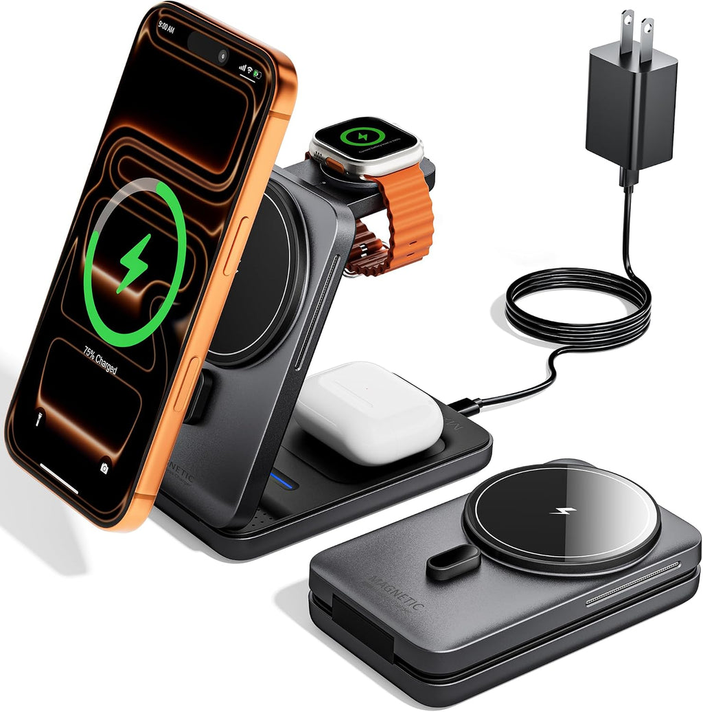 Estación de carga plegable 3 en 1 para Magsafe, cargador de teléfono de viaje y reloj para Apple, base de carga inalámbrica PD20W para múltiples dispositivos iPhone 17 16 15 14 13 12 Series/Apple