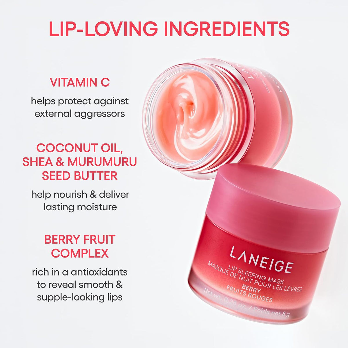 LANEIGE - Mascarilla nocturna para labios: Nutrir, hidratar, vitamina C, manteca de murumuru y manteca de karité, antioxidantes, labios escamosos y secos