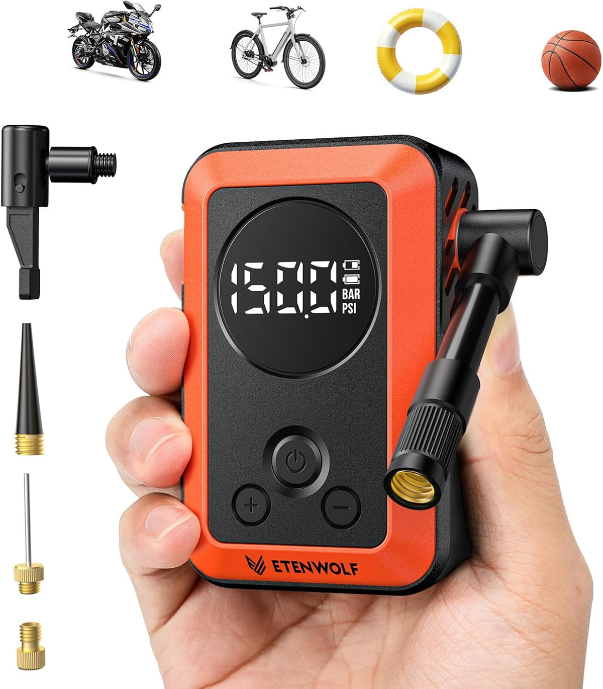 ETENWOLF Mini bomba de bicicleta, bomba de bicicleta de inflado rápido de 20 segundos con calibre, bomba de aire eléctrica portátil de 150 PSI con válvula Presta y Schrader para bicicleta de montaña