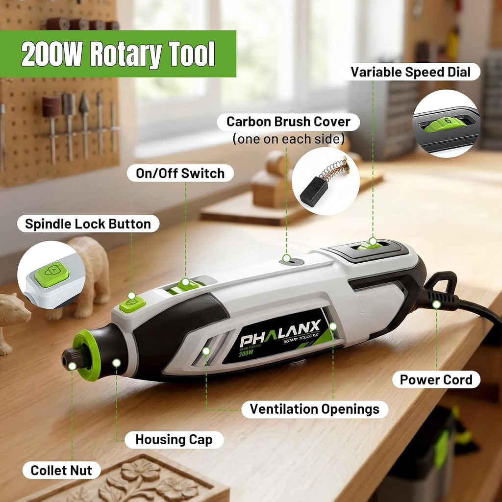 Kit de herramientas rotativas de 200 W, 10000-38000 rpm, multiherramienta de 6 velocidades con eje flexible y kit de accesorios de 132 piezas, herramientas rotativas eléctricas para manualidades de