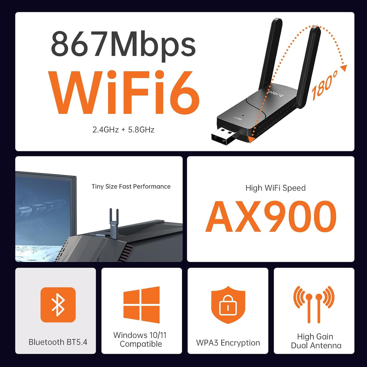 AX900 WiFi 6 Adaptador USB para PC de escritorio, doble banda (5 GHz