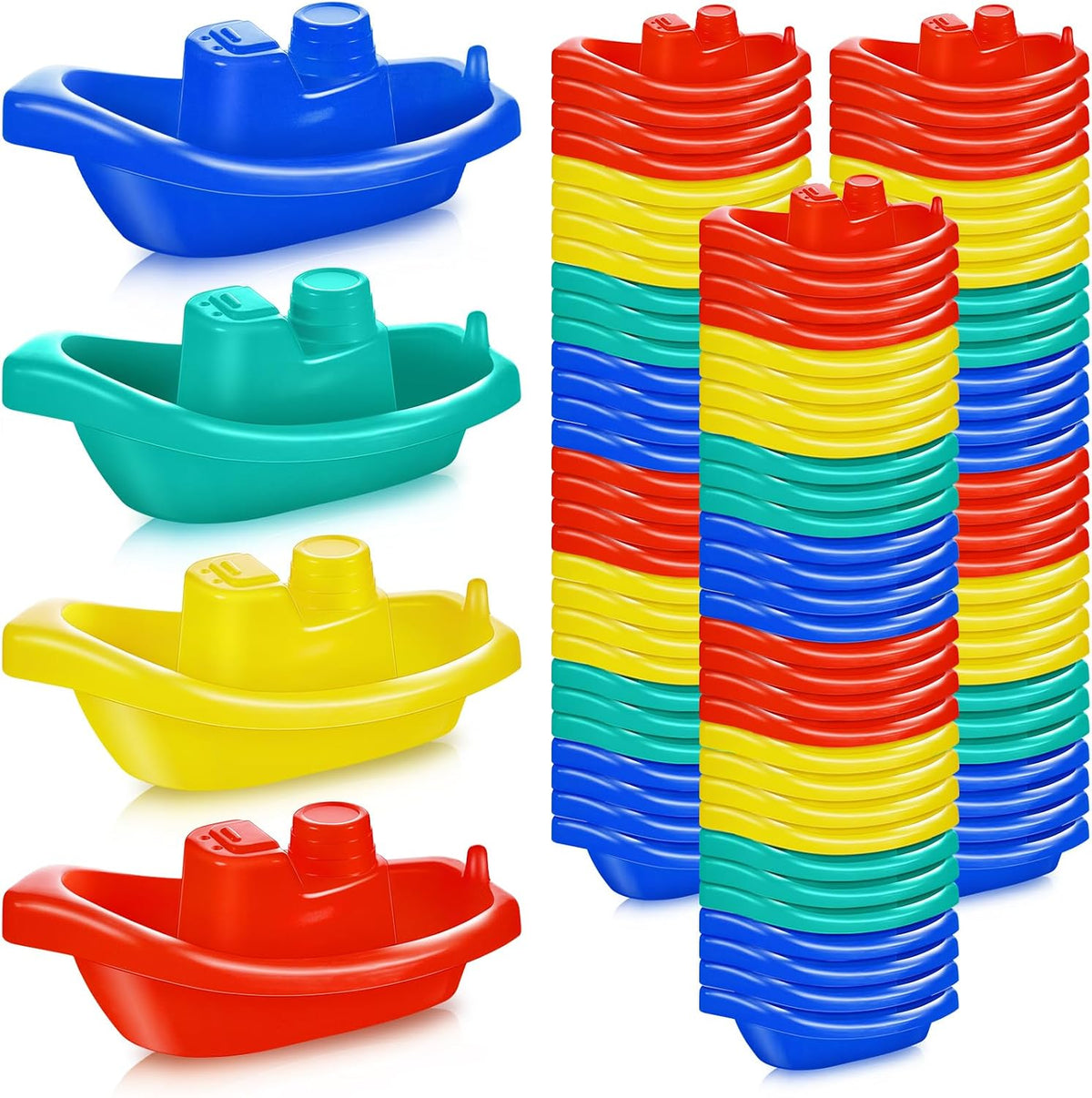 Woanger 100 juguetes de baño de barco pequeño, apilables, flotantes, juguetes de plástico para bebés y niños pequeños, piscina de verano y fiesta de bañera, vibrantes, 4 colores (colorido)