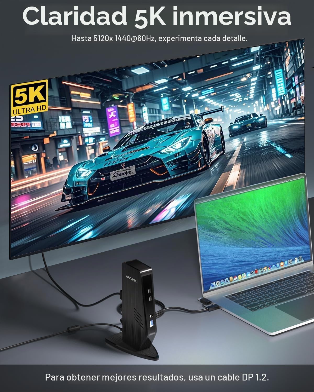 WAVLINK Estación de acoplamiento USB C con monitor doble, estación de acoplamiento Displaylink dual de 5K/4K a 60Hz para Mac M1/M2/M3/M4 o Windows, base para laptop 13 en 1 con 2X HDMI, 2X DP, 130WPD