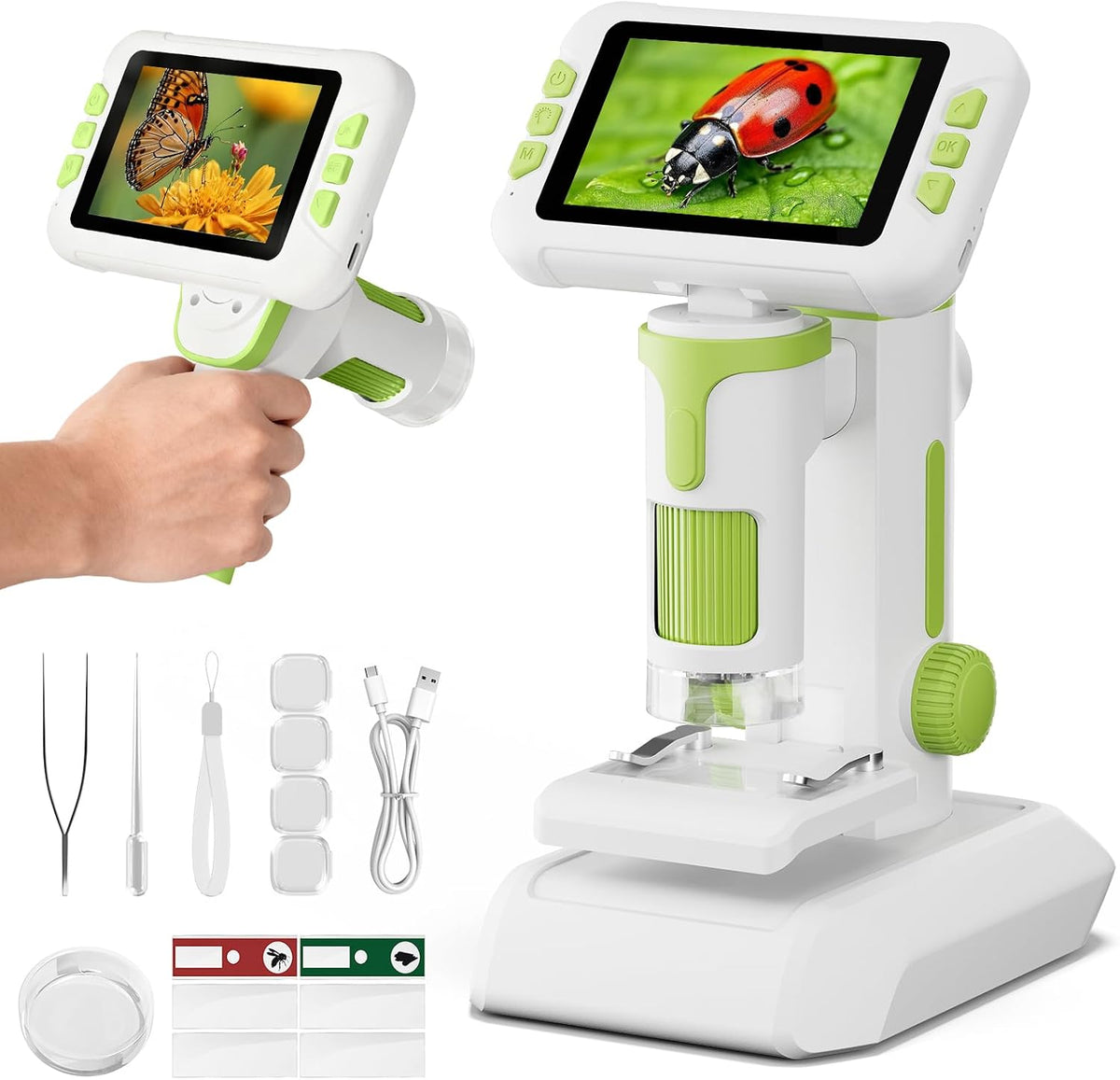Microscopio 1600X para niños, pantalla digital 1080P de 4.0 pulgadas con kit de diapositivas, juguetes educativos de ciencia para regalos de cumpleaños de Navidad para niños de 3 a 14 años de edad, estudiantes