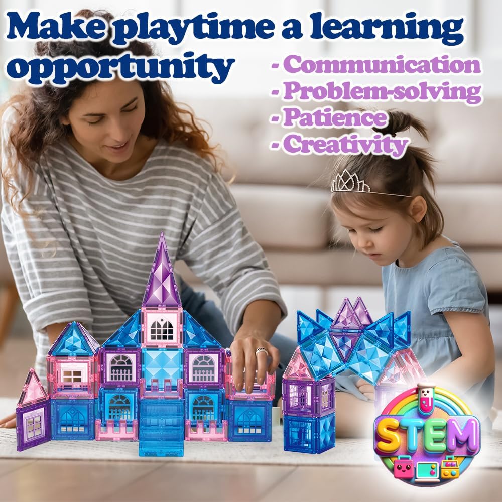 Little Pi 102 piezas de bloques de construcción con azulejos magnéticos de castillo de princesa congelada - Bloques de diamante 3D, juguetes educativos STEM para juego de rol, regalos de cumpleaños