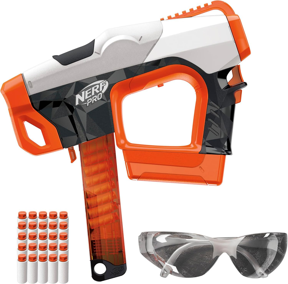 Nerf Pro Sender - Lanzador de dardos semiautomático de longitud media, 150 FPS, 30 dardos Nerf Pro de longitud media, cargador de 15 dardos, lentes, regalos para adolescentes, mayores de 14 años