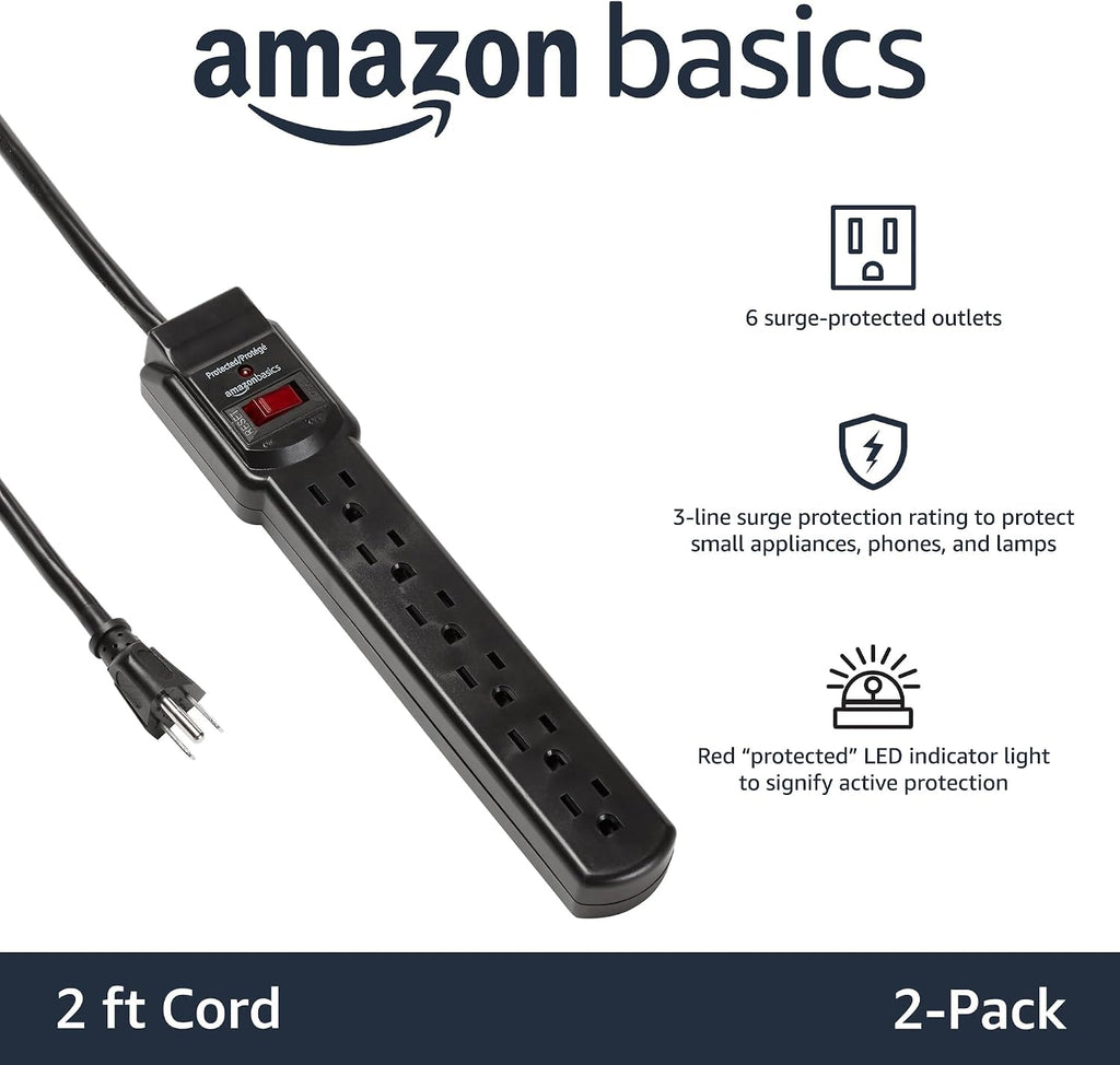 Amazon Basics 6-enchufe Protector contra Sobretensiones con 200J, Interruptor Automático, Cable de Extensión de 2 pies, Negro, 4-Pack