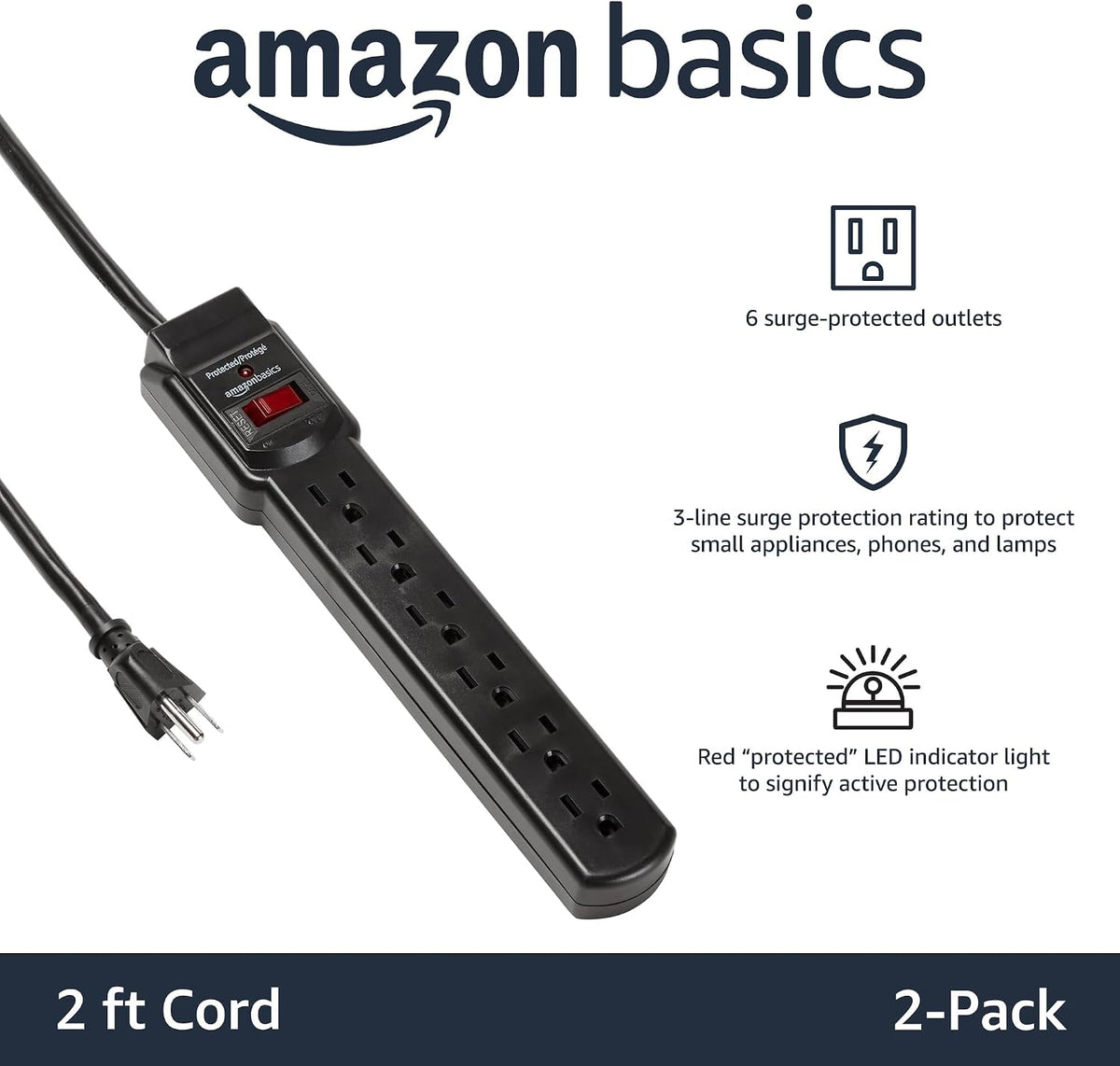Amazon Basics 6-enchufe Protector contra Sobretensiones con 200J, Interruptor Automático, Cable de Extensión de 2 pies, Negro, 4-Pack