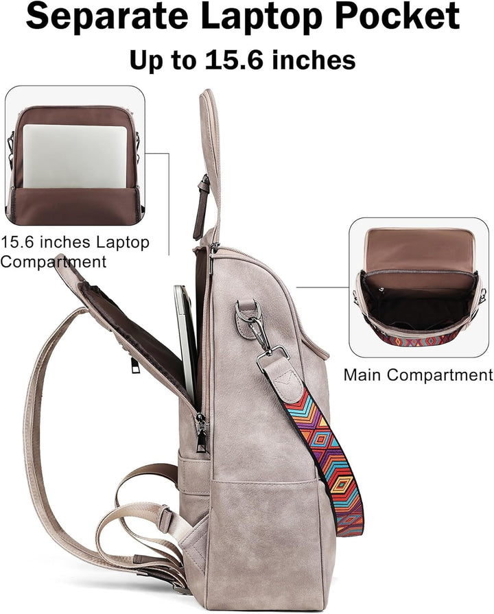FADEON Mochila para laptop para mujer, mochila de cuero de viaje co...
