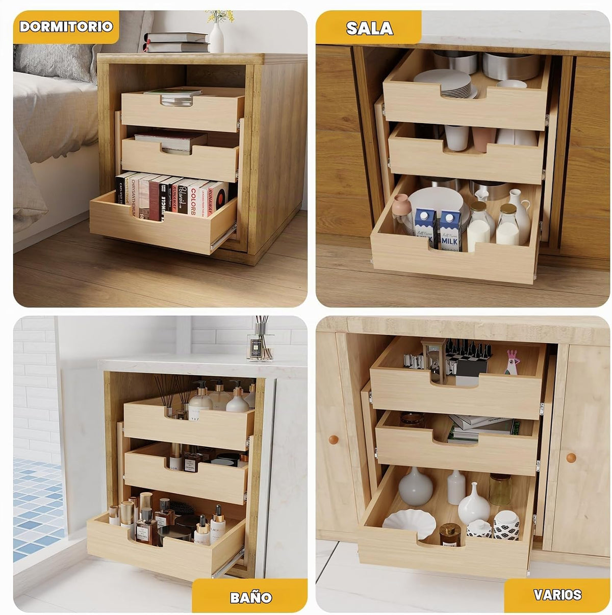 Organizador de gabinete extraíble, 14 pulgadas de ancho x 21 pulgadas de profundidad x 19 pulgadas de alto, cajones extraíbles de madera con deslizamiento y cierre suave, organizador de gabinete de