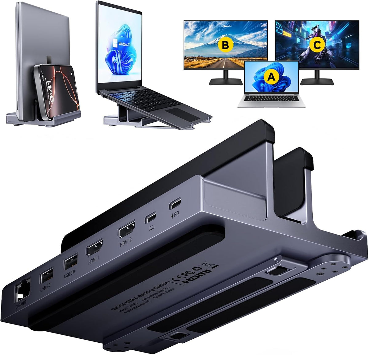 Estación de acoplamiento para portátil con monitor dual 4K: estación de acoplamiento QUUGE USB C monitor dual para laptop, 2 HDMI (individual 4K a 120 Hz), 2 puertos USB 3.0, 100 W PD, RJ45 Ethernet