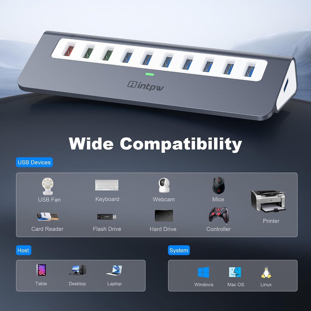 intpw, hub USB 3.2 de 10 puertos, alimentado