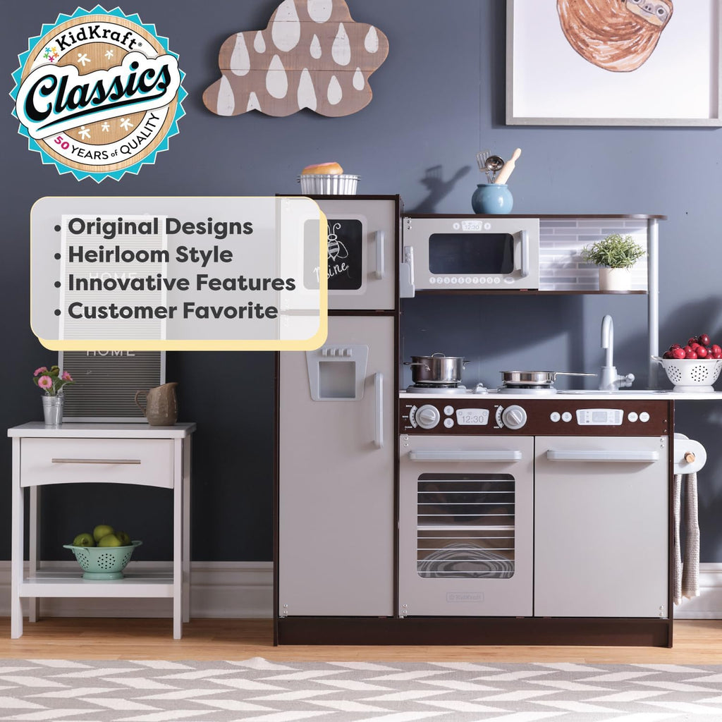 KidKraft Cocina de Juguete Uptown Espresso de Madera con Teléfono de Juguete, Pizarra y Toallero, Espresso