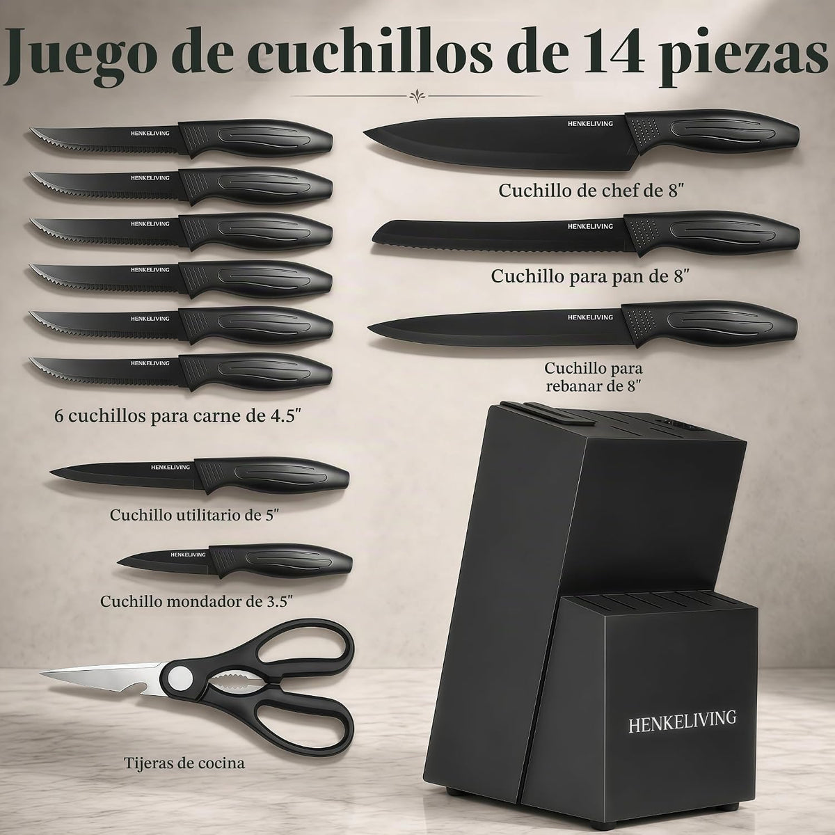 Juego de cuchillos con bloque afilador integrado, apto para lavavajillas