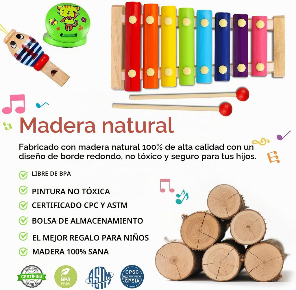 Juego de instrumentos musicales para niños, 20 piezas de instrumentos de percusión de madera para bebés y niños con maracas de xilófono pandereta, juguetes musicales preescolares para niños y niñas