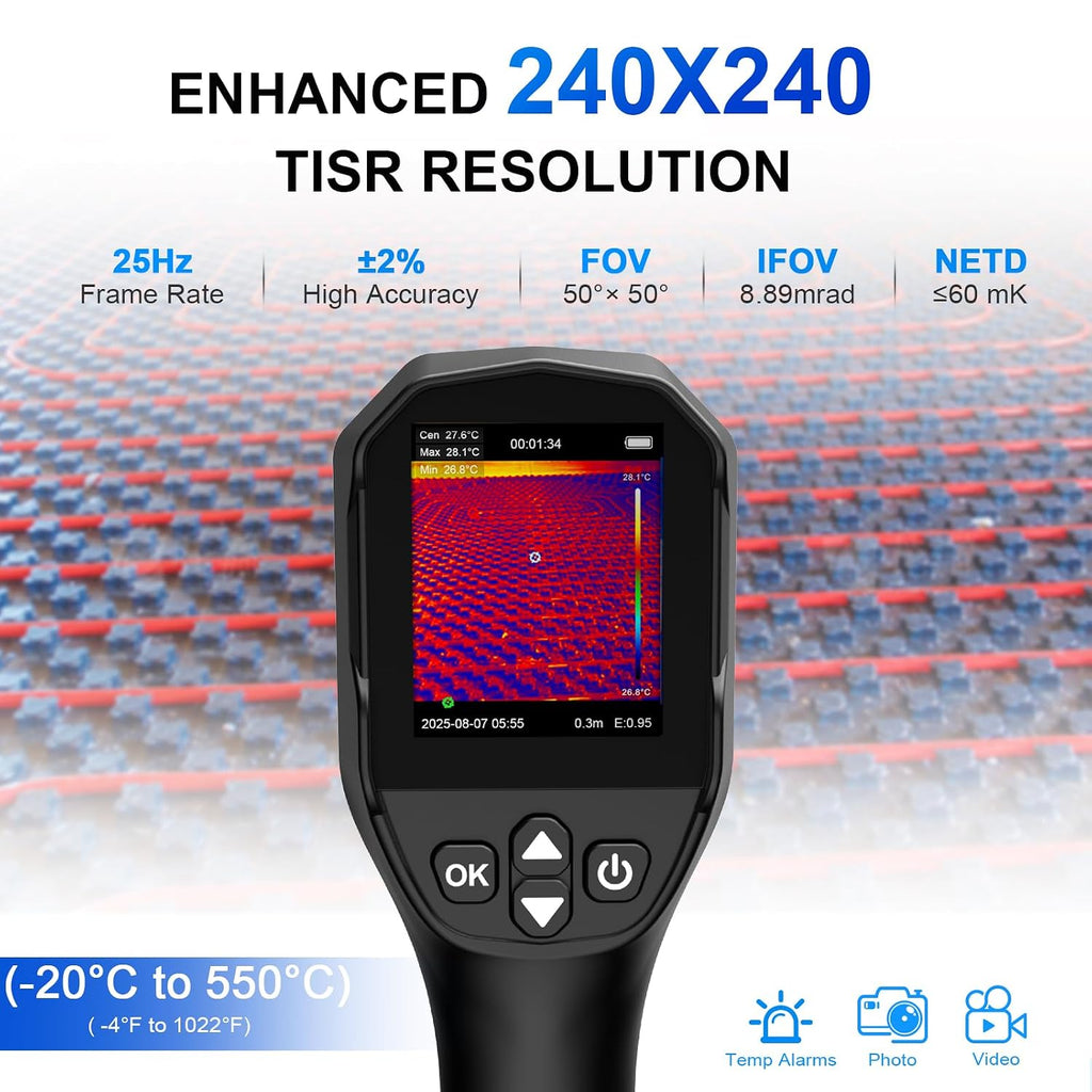 Pistola de cámara de imágenes térmicas, termómetro infrarrojo AIOMEST con resolución TISR de 240 × 240, frecuencia de actualización de 25 Hz, -4 °F a 1022 °F para HVAC, inspección del hogar