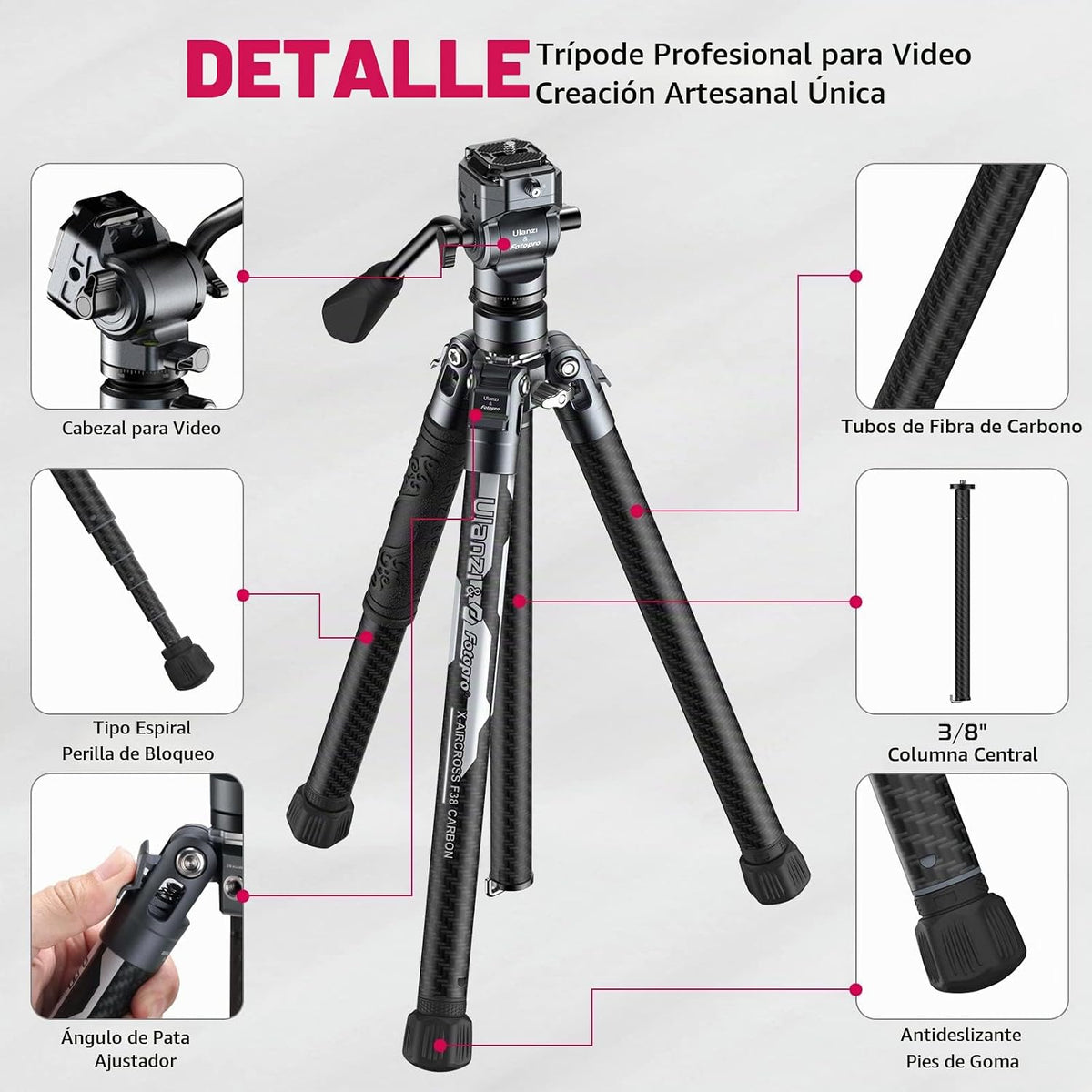 ULANZI Trípode de Viaje para Video F38, Trípode de Cámara de Fibra de Carbono Ligero de 61.4", con Tornillo de Liberación Rápida de 1/4" y Cabezal de Video, para la Mayoría de Cámaras/DSLR/Proyector
