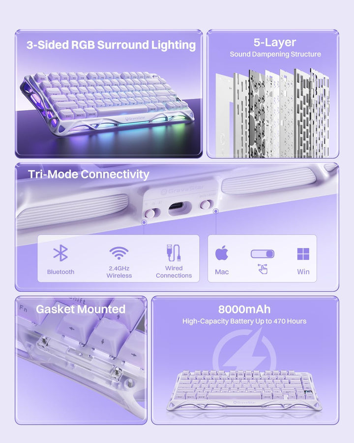 GravaStar Teclado mecánico inalámbrico Mercury K1 Purple 75% - Tecl...