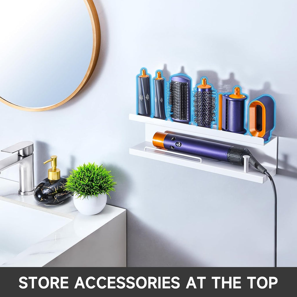 Soporte de secador de pelo para pared con diseño de 3 niveles y espacio para fijación con adhesivo o tornillos