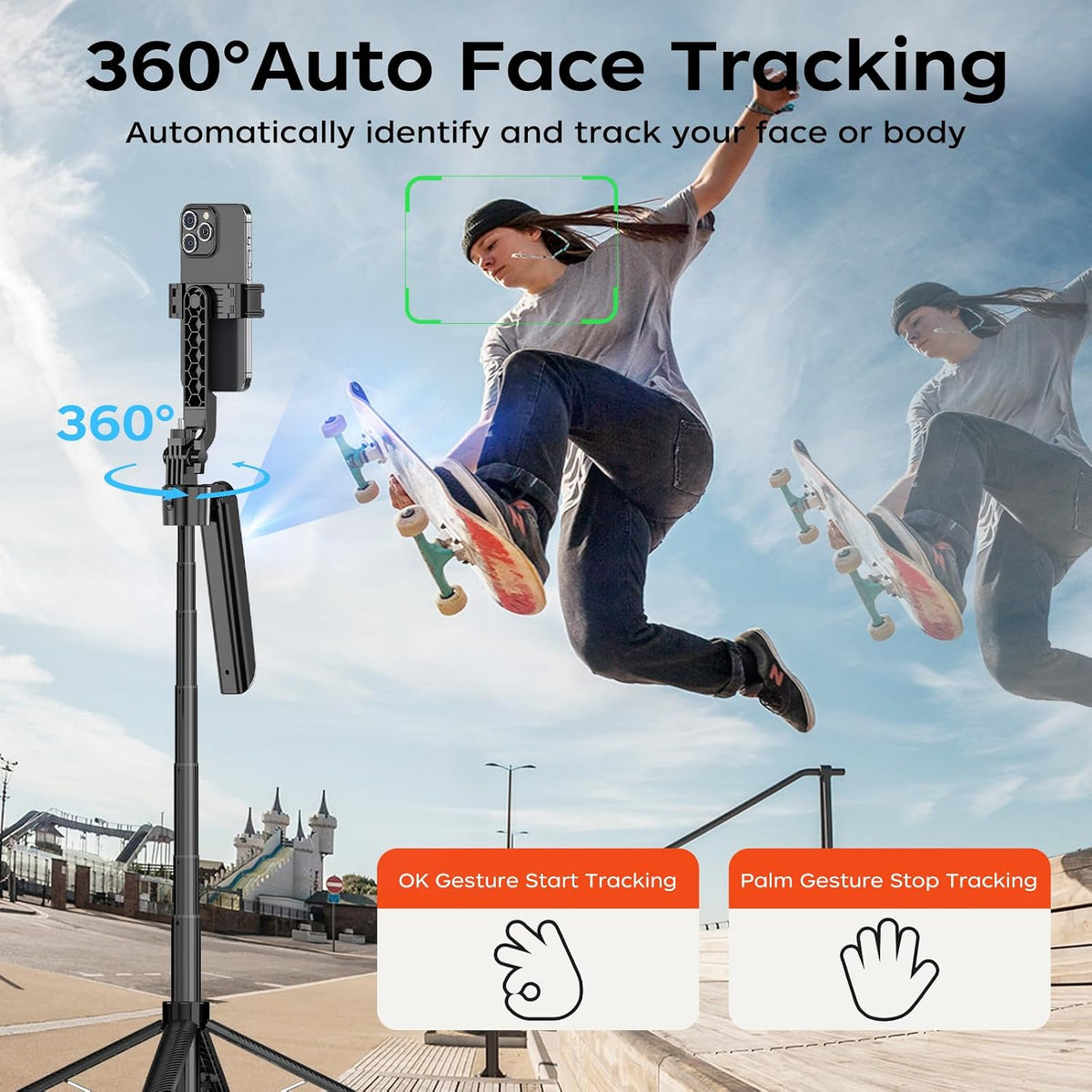 Trípode para selfie de seguimiento automático de 70.9 pulgadas para iPhone Android, sin aplicación, trípode de rotación de 360° que sigue tu movimiento con control remoto para transmisión en vivo, TikTok, YouTube