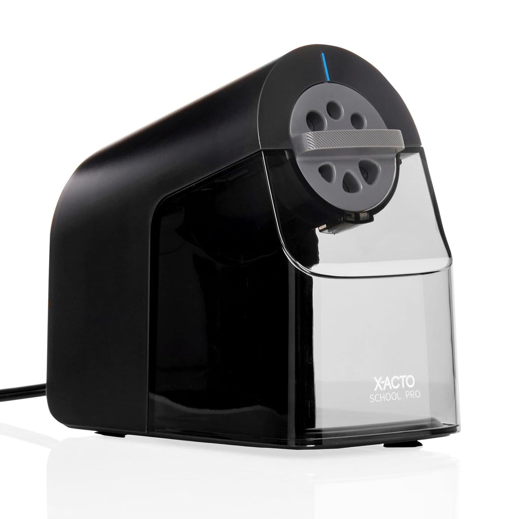 X-ACTO Sacapuntas eléctrico School Pro, negro, con esfera de seis tamaños, contenedor de virutas XL, resistente, suministros para el aula