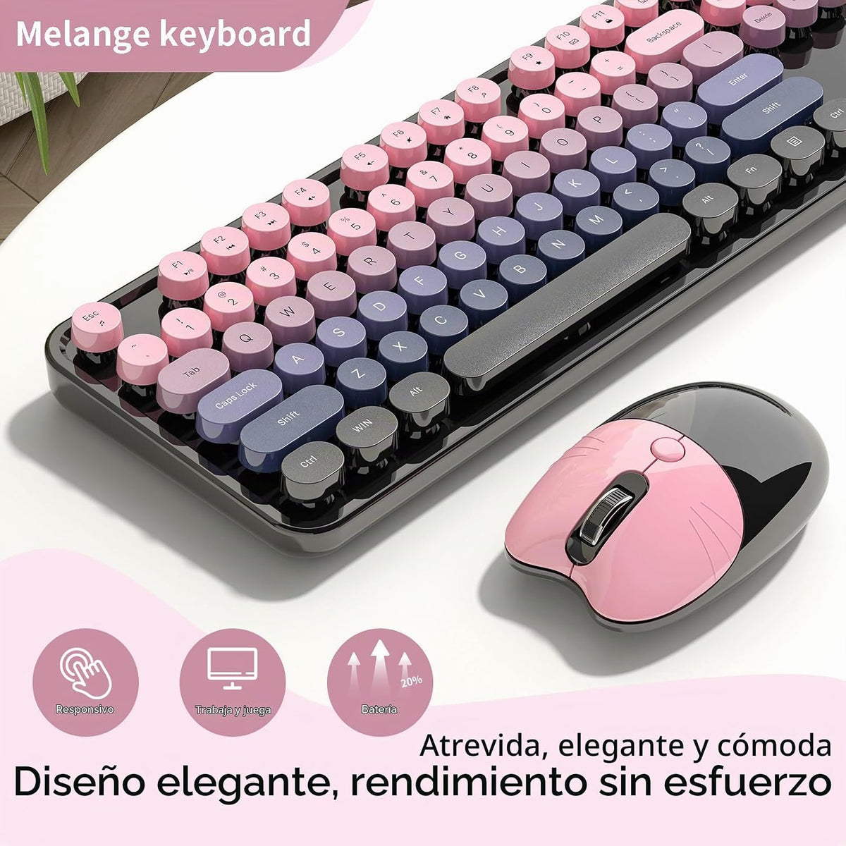 Teclado y mouse inalámbricos, MOFII con teclas redondas retro de 10...