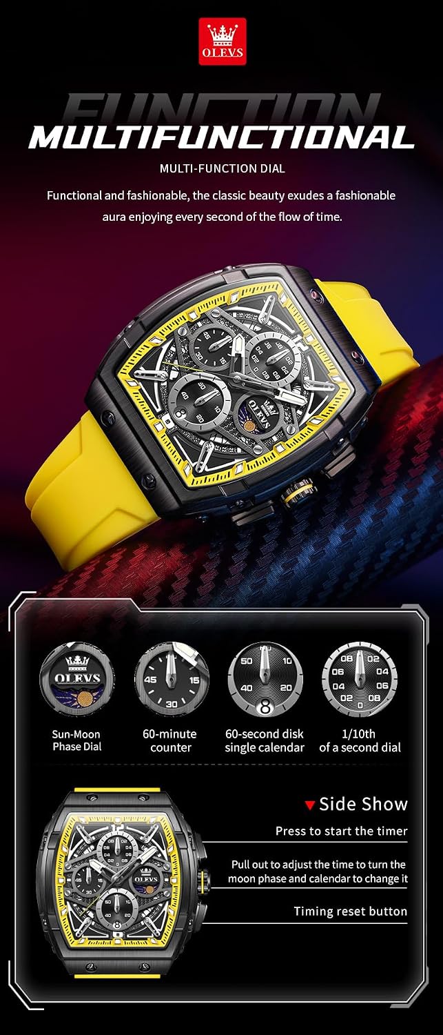 OLEVS Relojes para Hombre Casual Lujo Cara Grande Cronógrafo Multifuncional Relojes de Hombre Correa de Silicona/Nylon Duradera 3 ATM Resistente al Agua Reloj de Hombre Fecha Fase Lunar Reloj