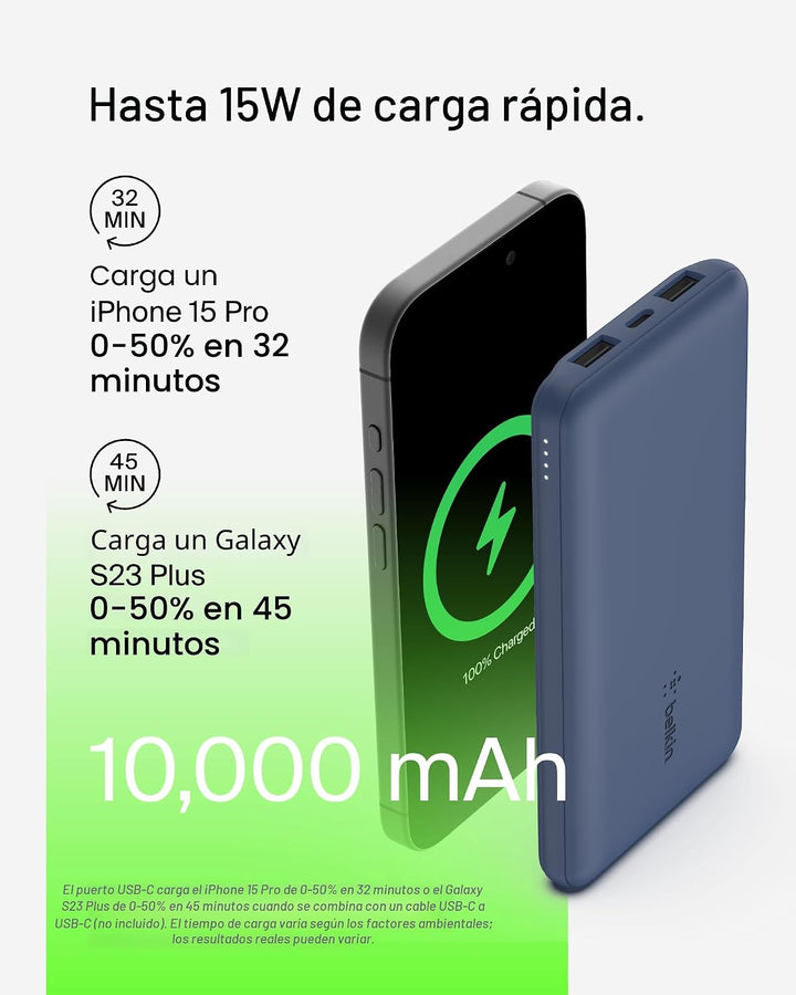 Belkin Cargador portátil, banco de energía USB C de 10000 mAh con 2...
