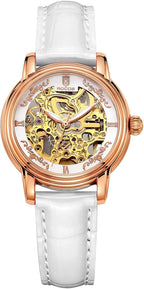 ROCOSJEWE Reloj de pulsera automático mecánico de lujo para mujer, esfera esqueletizada en oro rosado, manecillas luminiscentes, correa de cuero roja, reloj de vestir de moda para mujer, reloj esqueletizado autofaciente resistente al agua, regalo para
