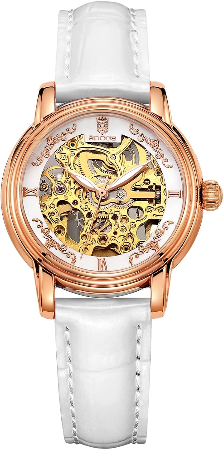 ROCOSJEWE Reloj de pulsera automático mecánico de lujo para mujer, esfera esqueletizada en oro rosado, manecillas luminiscentes, correa de cuero roja, reloj de vestir de moda para mujer, reloj esqueletizado autofaciente resistente al agua, regalo para